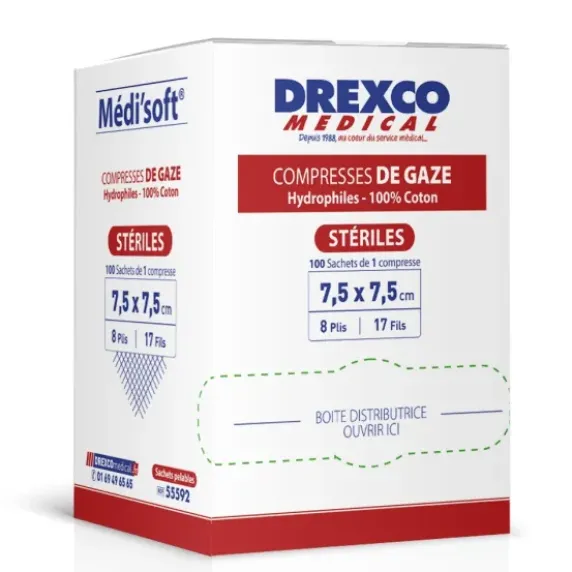 COMPRESSES DE GAZE STÉRILES MEDI’SOFT 17 FILS HYDROPHILES MEDICLINIC - Boîte de 100