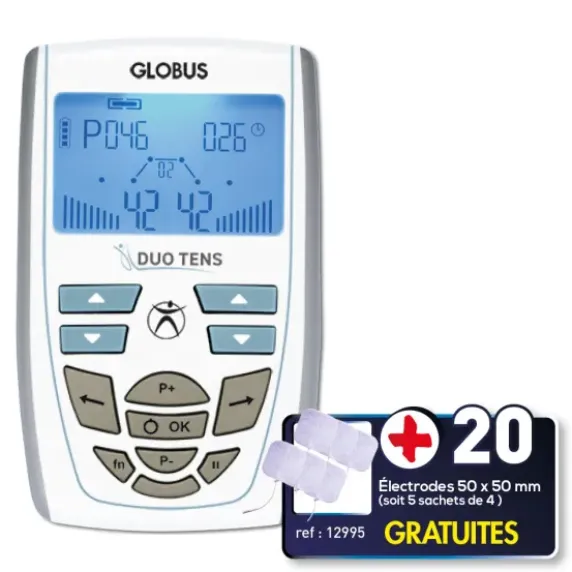 ELECTROSTIMULATEUR DUO TENS ANTI DOULEUR GLOBUS - 20 électrodes offertes