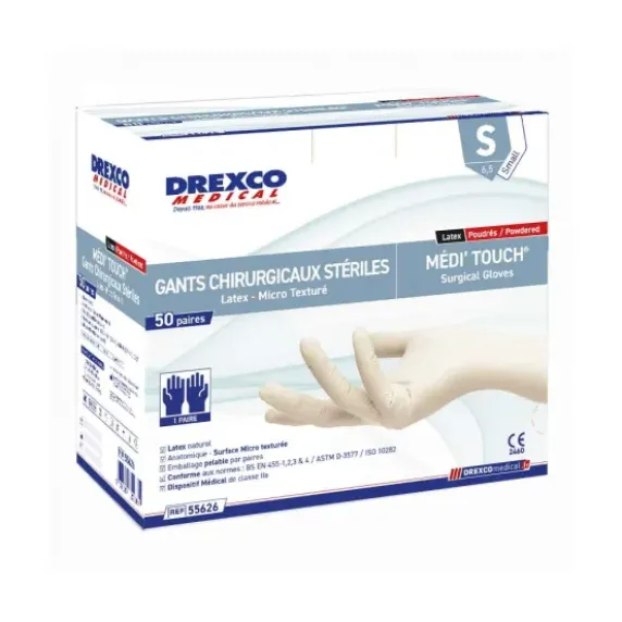 GANTS LATEX CHIRURGICAUX STÉRILES TRÈS PEU POUDRÉS DREXCO MÉDICAL - boîte de 50 paires