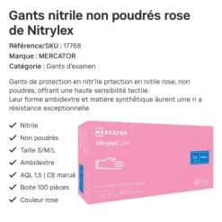 GANTS NITRILE NON POUDRÉS ROSE NITRYLEX SANS LATEX MERCATOR - boîte de 100