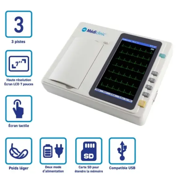 ÉLECTROCARDIOGRAPHE BETA 3 PISTES AVEC INTERPRÉTATION MEDICLINIC - écran tactile couleur 7 pouces