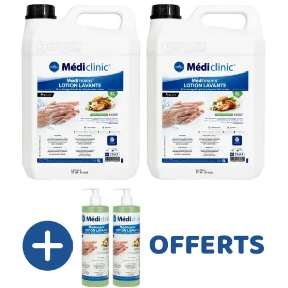 LOTION LAVANTE MAINS MEDI'MAINS PROLINE PH NEUTRE MEDICLINIC - pack 2 x 5 l + 2 x 500 ml