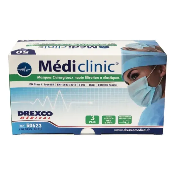 MASQUES CHIRURGICAUX TYPE IIR 3 PLIS BLEUS MEDICLINIC - boîte de 50