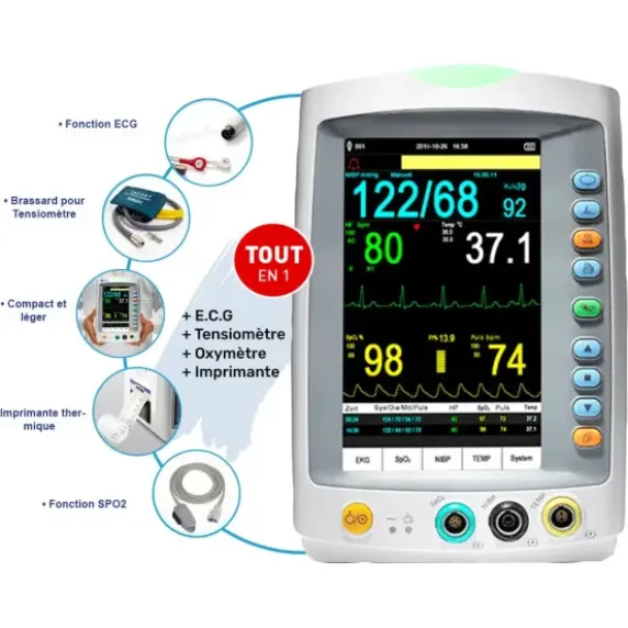 PACK MONITEUR PATIENT MED 900 IMPRIMANTE INTÉGRÉE LEPU MEDICAL + CHARIOT ROULANT - 5 paramètres