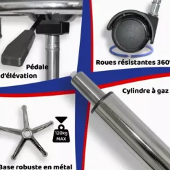 TABOURET D'EXAMEN AVEC DOSSIER PIÉTEMENT CHROMÉ 5 BRANCHES - hauteur réglable 46 à 60 cm