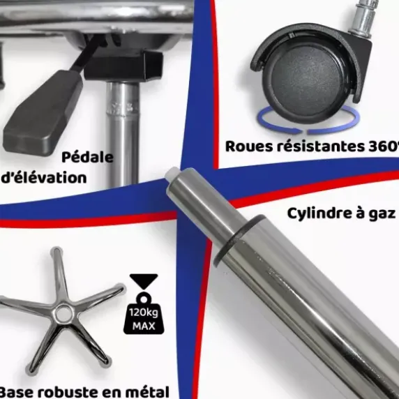 TABOURET D'EXAMEN AVEC DOSSIER PIÉTEMENT CHROMÉ 5 BRANCHES - hauteur réglable 46 à 60 cm