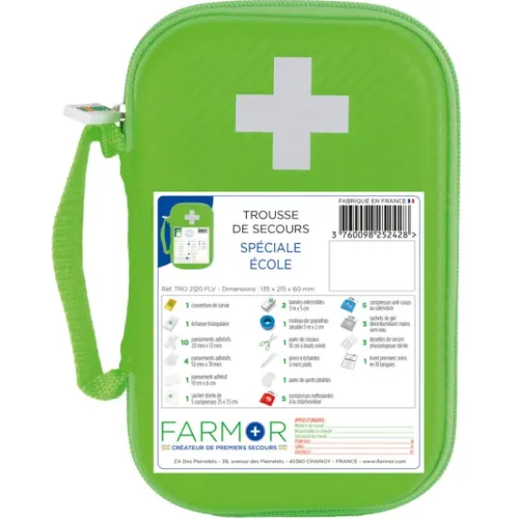 TROUSSE DE SECOURS ÉCOLE PETIT MODÈLE COMPACTE FARMOR - vert fluo