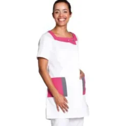 TUNIQUE MÉDICALE FEMME TWITO COUPE CINTRÉE COMED - blanc parement rose et gris