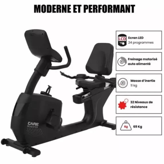 VÉLO ERGOMÈTRE SEMI-ALLONGÉ ROADSTER USAGE PROFESSIONNEL CARE - auto-alimenté
